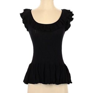 Worthington Ribbed Black Ruffle-Neck Knit Top